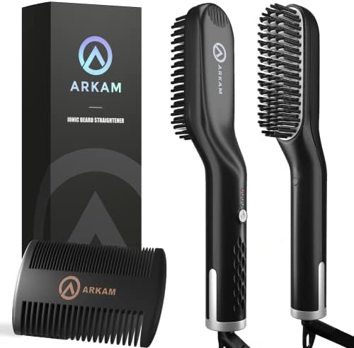 Arkam Beard Straightener for Men -Original Heated Beard Brush Kit w/Anti-Scald Feature, Dual Action Hair Comb and Travel Bag for Short to Medium Beards -Costume Accessories and Grooming Gifts for Men