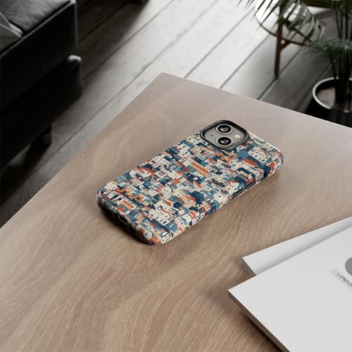 Coque iPhone 14 bleu rigide brillant avec motif architecture et maisons urbaines - 4