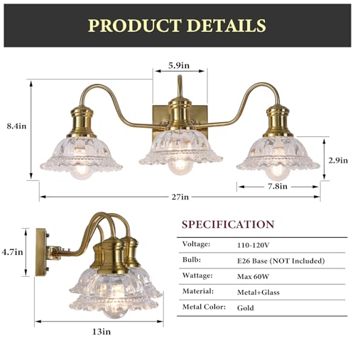 Image of Champagne Gold Vanity Lights, 3-Light Bathroom Light Fixtures with Clear Glass Shade, Vintage Vanity Lights Over Mirror, Farmhouse Wall Light for Bathroom, Vanity Table, Bedroom, Hallway
