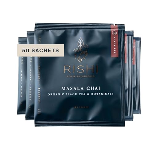 Rishi Tea Masala Chai Black Sachet Tea Bag Blend - Organic, Assam with Whole Spices, Energizing & Caffeinated - 50 Count