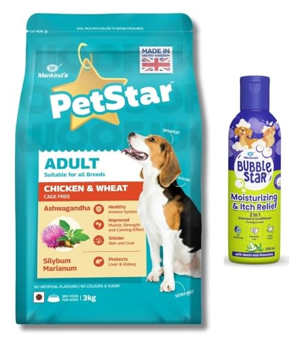 Image of Petstar Adult Dry Dog Food (High Protein) Chicken & Wheat Flavor, 3kg and Mankind BubbleStar Neem & Aloe Vera 2-in-1 Shampoo & Conditioner for Dogs & Cats,200 ml