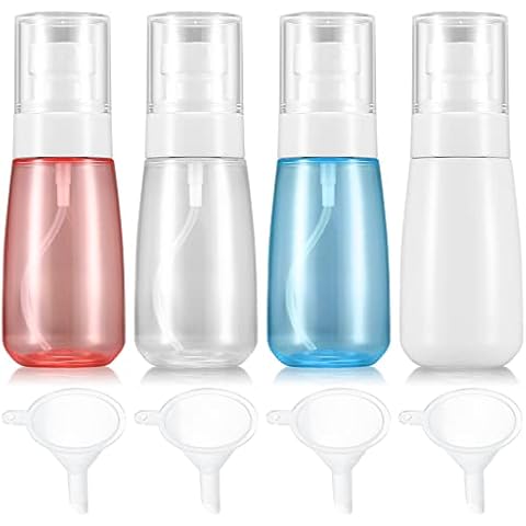 Cents matter 4 Stk Leere Sprühflasche, 60ml Kleine Zerstäuber Nebelsprühflasche Feiner Nachfüllbar, Durchsichtig Leere Wasserflaschen for Reisen, Kosmetische, Hautpflege, Sprühflasche, mit Trichtern Cover