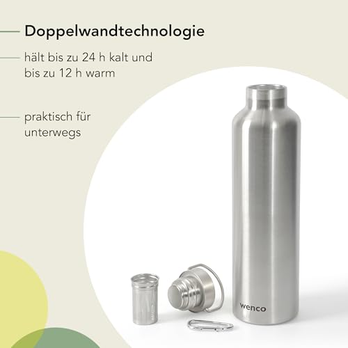 wenco Trinkflasche Edelstahl 1l / 1000ml isoliert und auslaufsicher für kalte und heiße Getränke auch als Thermoskanne verwendbar – mit Teesieb – BPA frei – silber