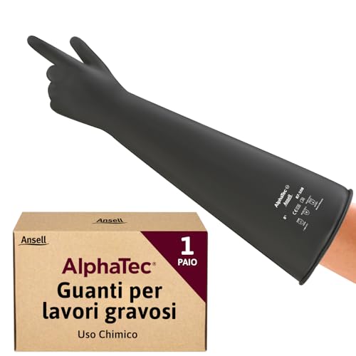Ansell AlphaTec 87-108 Guanti di Protezione Chimica in Lattice, Polsino Lungo (61 cm), Elevata Resistenza alle Sostanze Chimiche, Impermeabili e Riutilizzabili, Nero, Taglia L (1 Paio)