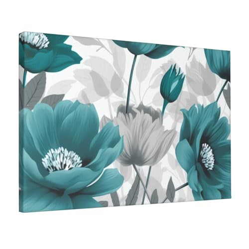 Toile florale bleu sarcelle décoration salon moderne affiche murale chambre gris et blanc