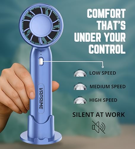 Image of VR PRIME Portable Hand Fan Rechargeable | Mini USB 1000Mah Battery Fan for Summer | Small Fan for Face, Home, Office & Travel (Blue)