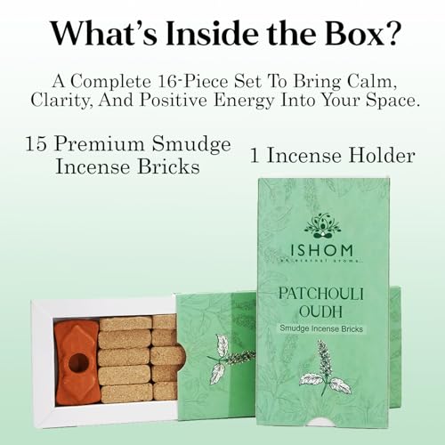 Image of ISHOM Smudge Incense Bricks Made with Patchouli Leaves & Oudh Oil, Long Lasting Aroma for Air Purification & Relaxation, Ideal for Meditation, Home Rituals & Aromatherapy (Pack of 15 with Holder)
