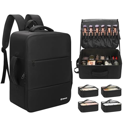 Relavel Makeup Backpack Extra Large Travel Train Case Professional Makeup Artist Kit Set Bag with 4 Clear Bags Brush Storage Organizer Box with Dividers for Cosmetic Hair Tools Barber Supplies Black