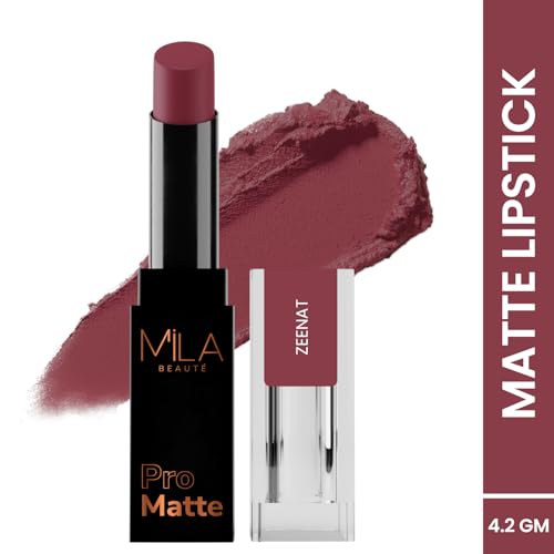 Image of Mila Beaute Pro Matte Lipstick | Highly Pigmented & Long lasting | Semi Matte Finish | Light Weight Lipstick | Single Swipe Application | Luxurious Lip Color | Shade - (Zeenat, 4.2g) (Pack of 2)