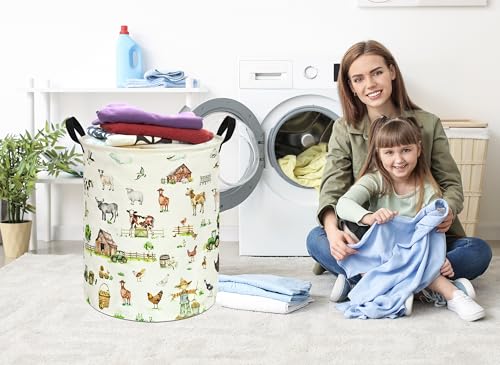 Image of Collapsible Kids Laundry Basket Clothes Hamper, Foldable Storage Organizer Bin, Toy Clothes Storage with Handles for Boys Girls Bedroom, Room Decor Farm