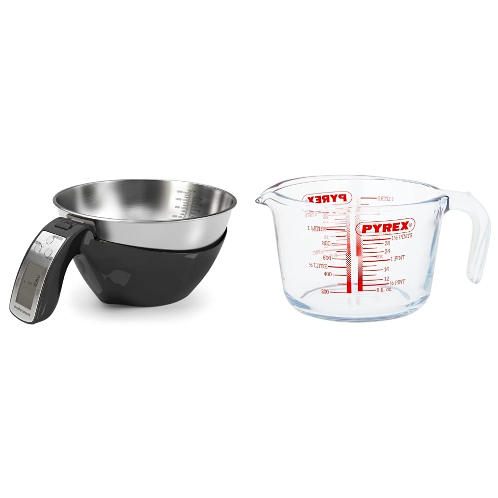 Morphy Richards 46610 Kitchen Scales, Equip Range, 3-in-1 Digital Scales with Jug, Black & Pyrex Glass Measuring Jug, Transparent, 1 Litre