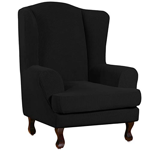 Turquoize Wingback Chair Covers 2 Piece Wing Chair Slipcover Stretch Slipcovers for Wingback Chairs Wing Chair Cover Spandex Jacquard Fabric with Elastic Bottom Non-Slip Furniture Cover, Black