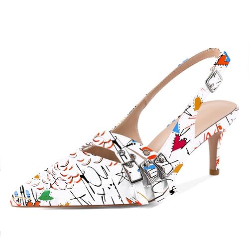 Eldof Women Slingback Heels Eyelet Buckle Strap Pointed Toe Slip On Kitten Heel Pumps Shoes Dressy 2.5 Inches
