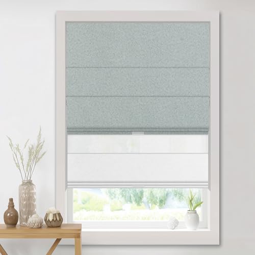 Doing-X Dual Roman Shades,2 in 1 Blackout & Light Filtering Day and Night Roman Blinds for Indoor Windows,Privacy,Thermal Insulated,Living Room,Blackout Blue Green+Sheer White,58" W x 64" H