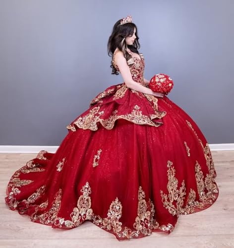 Gold Lace Appliques Quinceanera Dresses Layered Tulle Sweet 16 Dresses Off Shoulder Vestidos De 15 Años with Bow4