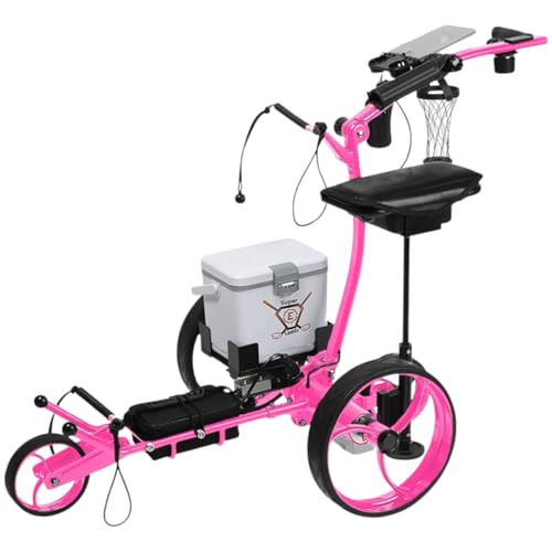 Super E Caddy Pro Electric Golf Cart – Pink Foldable Motorized Caddy with Remote, Seat, 6-Pack Cooler, 24v Li Battery Lasts 36 Holes, USB Port, Scorecard Holder, Umbrella Mount