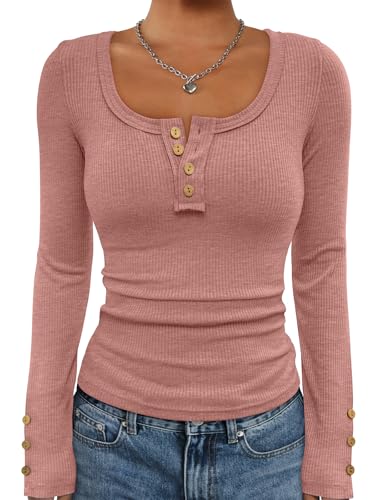 ATHMILE Women's Long Sleeve Shirts Casual Fall Henley Top Button Down Blouses Basic Ribbed Knit T Shirts 2025