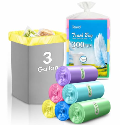 Image of Teivio Small Colorful Clear Trash Bags 3 Gallon 300 Count Garbage Bags | Fit 10-12 Liters,2.5,2.6,2.8Gal,Multicolor Mini Plastic Waste Basket Bins Can Liners for Bathroom Office Car dog poop bags