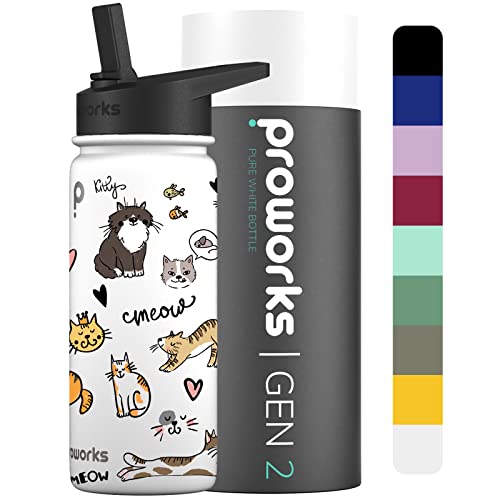 PROWORKS Gen 2 Bouteille d'eau Isotherme avec Paille 1L 24 Heures Froid 12 Heures Boissons Chaudes Acier Inoxydable Gym - Blanc Pur - Chat Yoga Cover