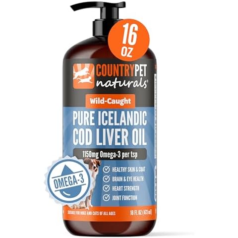 Wild Caught Pure Cod Liver Oil 16oz Highest Omega 3 1150mg/tsp, Highest Purity, High EPA/DHA, Vitamin A & D - Reduces Itching, Healthy Skin & Coat, Mobility, BPA-Free, Pump incl. Cover