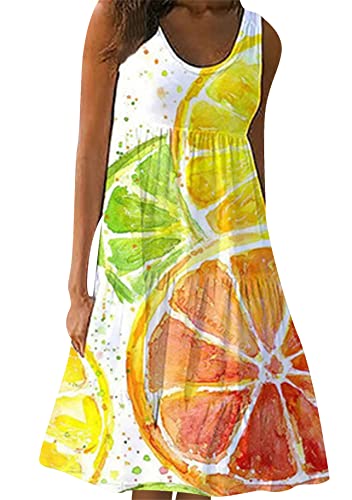 Yming Lässiges Midikleid Mit Blumendruck Für Frauen Ärmelloses Weites Trägerkleid Bohemian Beach Dress Zitrone S