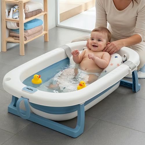 Baybee Bath Tub for Baby 0-5 Years, Foldable Bathtub for Kids with Anti Skid Base, Support Cushion & Drainer, Mini Swimming Pool for Kids, Newborn Baby Folding Bathing Tub for Girls & Boys (Blue)