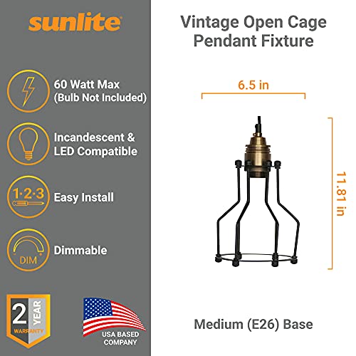 Sunlite 07006 Vintage Designed Open Cage Pendant Light, Metal Industrial Style Fixture, Medium Base Socket (E26), 42-Inch Woven Braided Cord, Antique Brass & Matte Black Finish #TOP1