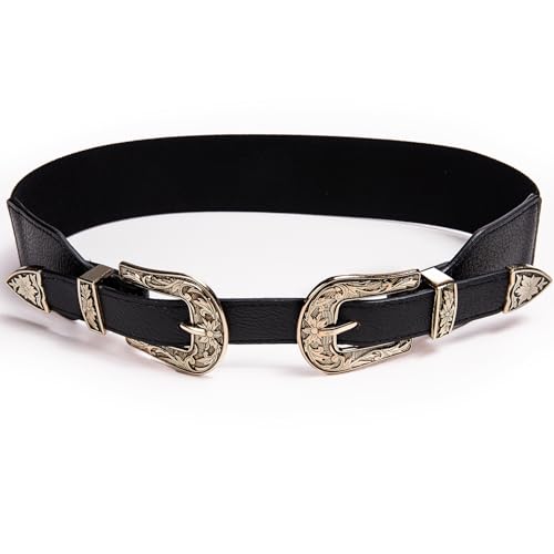 Image of Dubulle Womens Belt Chain Leather Belts Vintage Western Adjustable Elastic Double Buckle for Cowboy Pant Dress