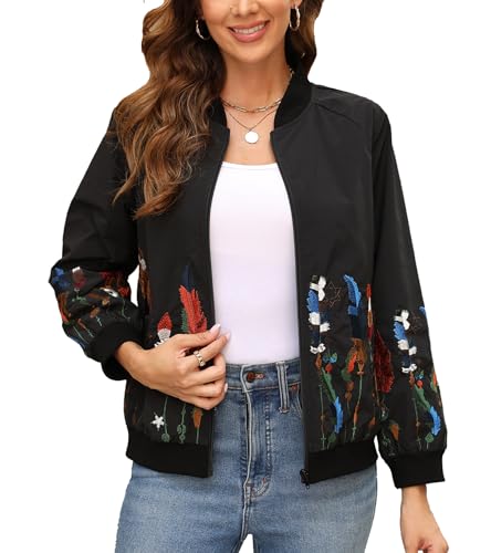 Higustar embroidery Jackets for Women Bomber Satin Floral Embroidered Mexican Style Outwear Jacket Spring Fall Zip Up Coat2