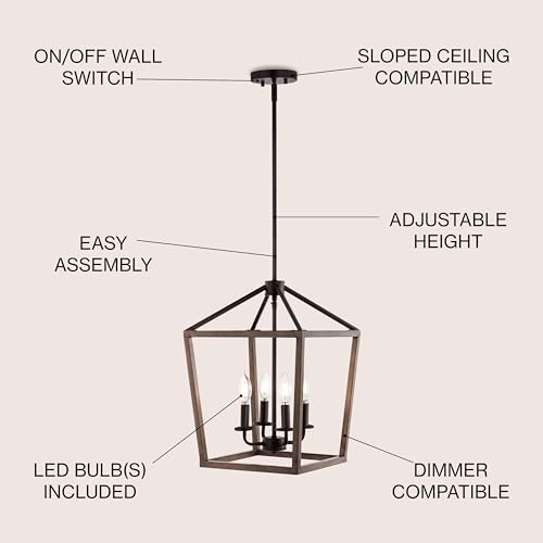 Image of JONATHAN Y Oria 4-Light Lantern Pendant 13 inch, Oil Rubbed Bronze /Faux Wood | Metal Cage Chandelier, Adjustable Downrod, Kitchen Island Foyer Entry Lighting, LED Bulbs Included