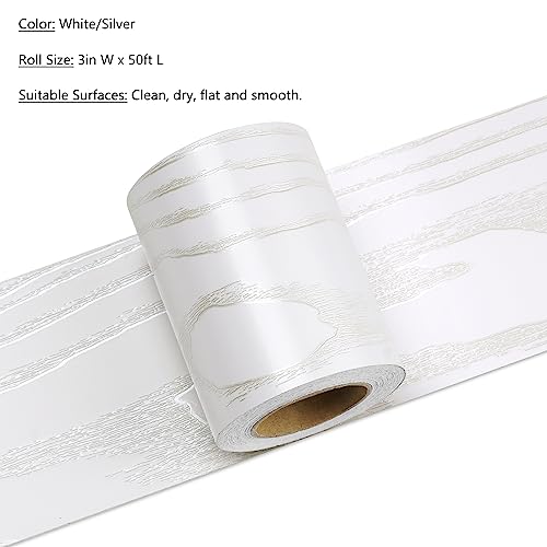 Lacheery 50Ft X 3In Silver White Wood Wallpaper Border Peel And Stick Wall Border Textured Wood Grain Mirror Border Peel And Stick Border Trim For Walls Bathroom Bedroom Living Room Decor Removable thumb #1