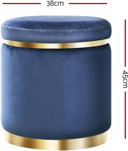 Image of ETIQUETTE ART Upholstered Velvet Round Dual Strip Ottoman Office Stool Foot Rest Stool Linen Fabric Padded Seat Pouf Ottoman with Round Shape for Living Room (Blue)