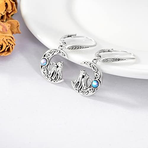 VENACOLY Cat Earrings Sterling Silver Moon Cat Dangle Earrings for Women Moonstone Drop Earrings Cat Jewellery Gifts for Cat Lovers