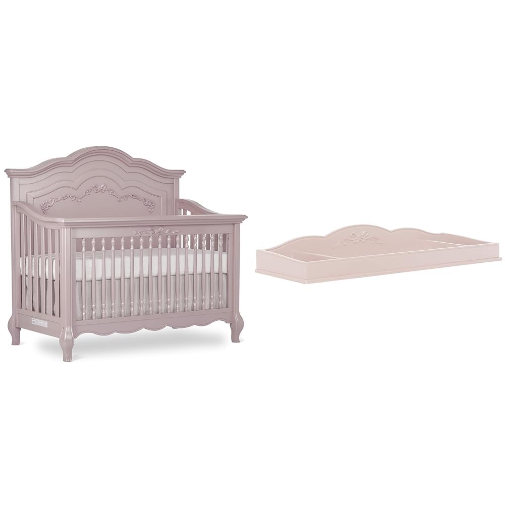 Evolur Aurora 5-in-1 Convertible Crib, Change Tray, Dusty Rose Finish, Features Ribbon Bow Scrollwork and 3 Mattress Heights