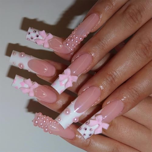 エレガントな真珠とボウノットデザインの甘いフレンチマニキュアロングスクエアの偽の爪フルカバー24pcsのプレス