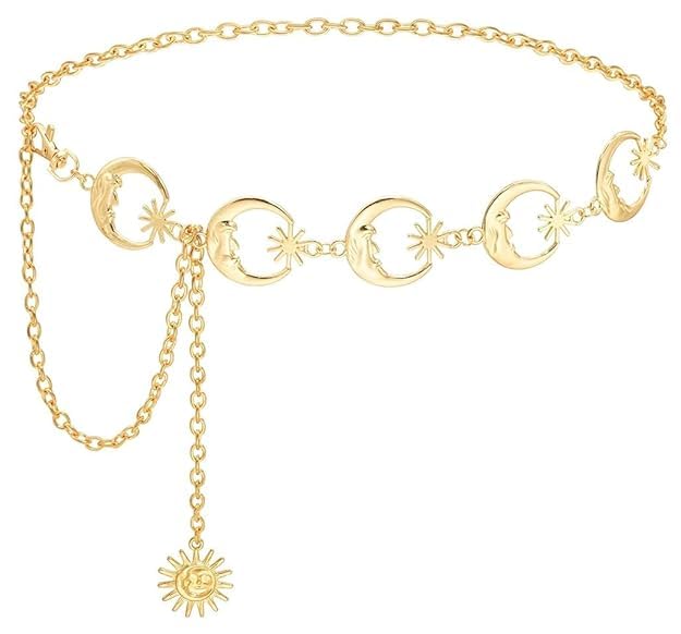 Image of PALAY Silver Waist Chain for Women for Saree, Gold Waist Belt for Women Dresses, Moon Star Elements Metal Belly Chain, Stylish Clothes Accessories for Blazer, Suit, Dress, Jeans