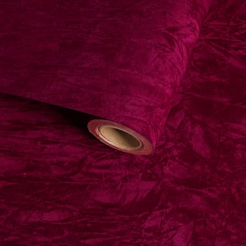 VaryFloral Papier Adhesif Mural Velours Plis Bordeaux Papier Peint 30cmx300cm Stickers Muraux Velours Doux Rouleau Adhesif pour Meuble Tissu Vintage Film...