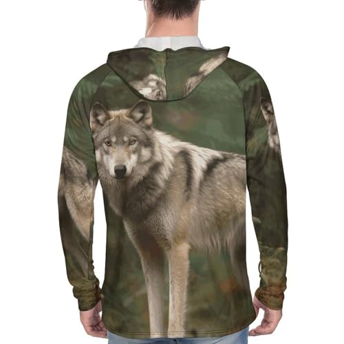 Men's Sun Shirts UPF 50+ Rash Guard Long Sleeve Sun Protection Hoodie Wolf in The Forest Lightweight Shirt L3