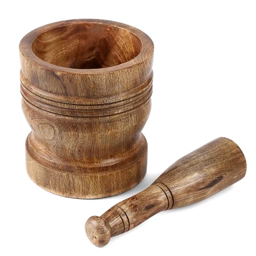 CLEENTABLE Handcrafted Mango Wood Mortar and Pestle - Sustainable, Large Size, Rustic Charm - Perfect for Grinding Herbs, Spices, Garlic, Nuts - Versatile Kitchen Tool for Guacamole, Salsa, and More