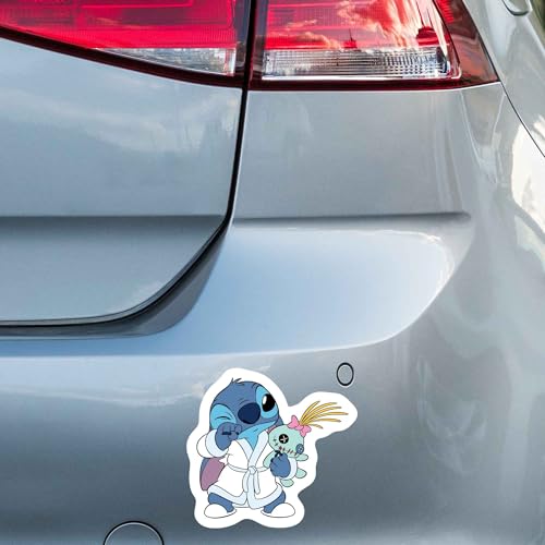 Image of Disney Lilo and Stitch in Robe Adhesive Vinyl Decal - Fun Sleepy Stitch with Scrump Sticker for Car or Truck