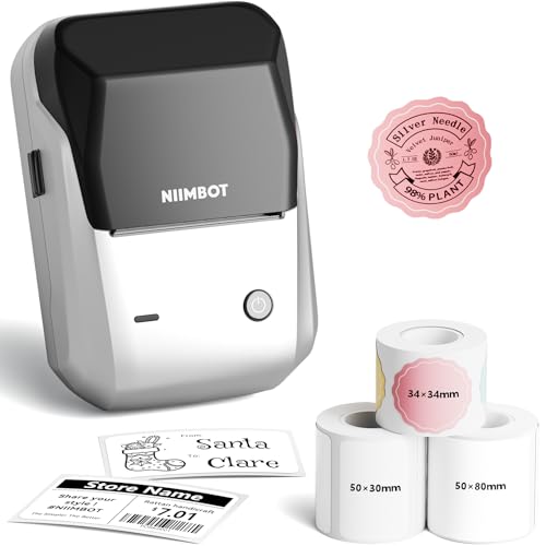 Image of NIIMBOT 2Inch Label Maker Machine with 3 Tape, B1 Portable Sticker Printer for Small Businesses, Clothing, Logo, Jar, Address, Compatible with Phones & PC, Silver Gray