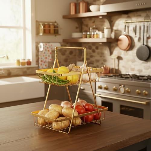 Image of 2 Tier Metal Fruit and Vegetables Basket with Handle | Fruit Vegetables Snacks and Bread Organizer for Kitchen, Dining Table, Livingroom | Bathroom Countertop Stand (Design 2 - Gold)