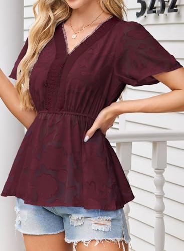 Womens Tops Short Sleeve Lace V Neck Blouses Babydoll Flowy Casual Empire Shirts Boho Peplum Chiffon Tunics2