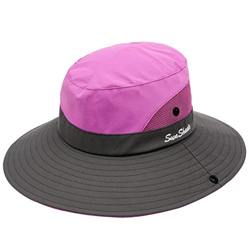 Muryobao Womens Outdoor Sun Hat Ponytail UV Protection Wide Brim Mesh Foldable Safari Beach Fishing Bucket Cap 2 Pack Pink & Purple