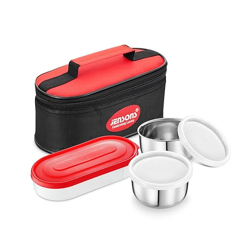 Image of JENSONS Premium Essence Stainless Steel Lunchbox | 3pc Set (350ml x 2 + 450ml x 1 Chapati Dabba) | Tiffin for Office, School & College with Food Grade Steel | Leakproof & Dishwasher Safe |