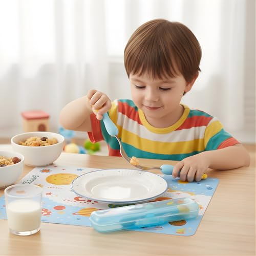 Image of Hian Kids Feeding Spoon & Fork Set - 304 Stainless Steel Children's Cutlery with Cute Design Handles, Safe Rounded Edges, Easy Grip & Travel Carry Case Included, Pack of 2 (Blue Color)