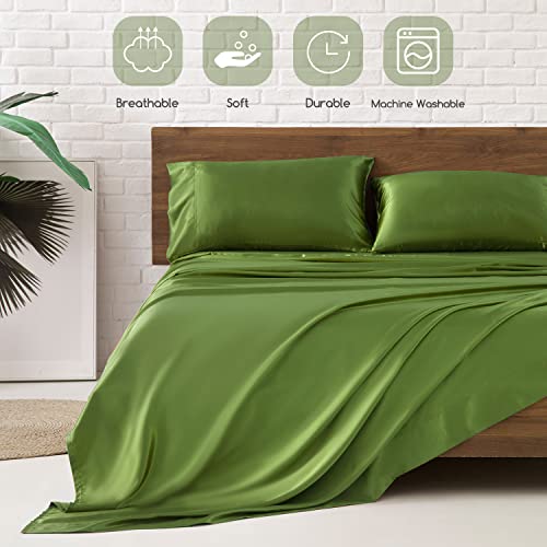 Image of MR&HM Satin Bed Sheets, Queen Size Sheets Set, 4 Pcs Silky Bedding Set with 15 Inches Deep Pocket for Mattress (Queen, Sage)