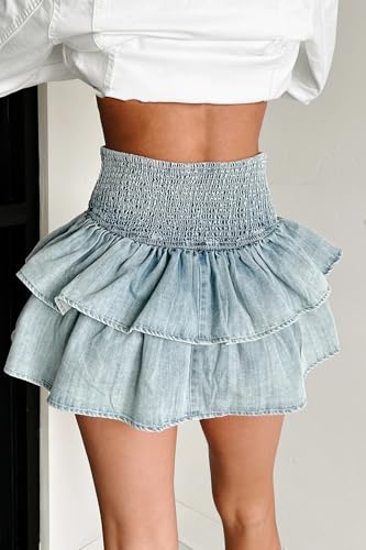 utcoco Womens Denim Skirt Cute Smocked Elastic High Waist Tiered Pleated Ruffle Jean Cake Skirts4
