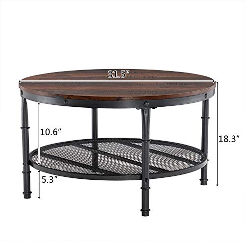VINGLI Small Round Coffee Table, 31.5" Round Coffee Tables Living Room Round Farmhouse Coffee Table, Round Coffee Table with Storage Wooden Coffee Table Industrial Coffee Table, Dark Walnut
