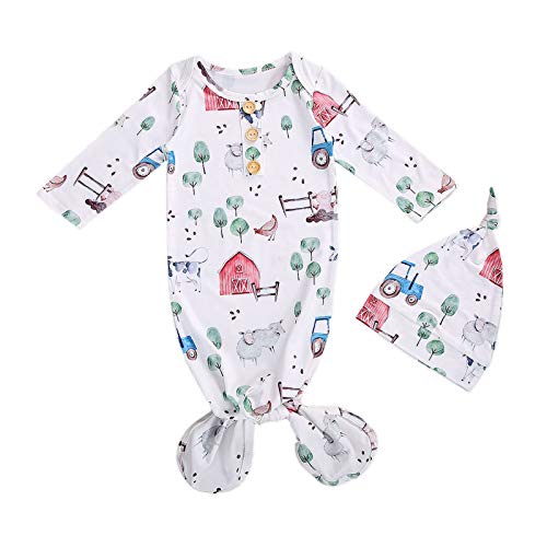 Image of Mubineo Newborn Infant Baby Girl Boy Floral Print Cotton Sleeper Gown with Headband Outfits (Xb White Sheep, 0-3 Months)